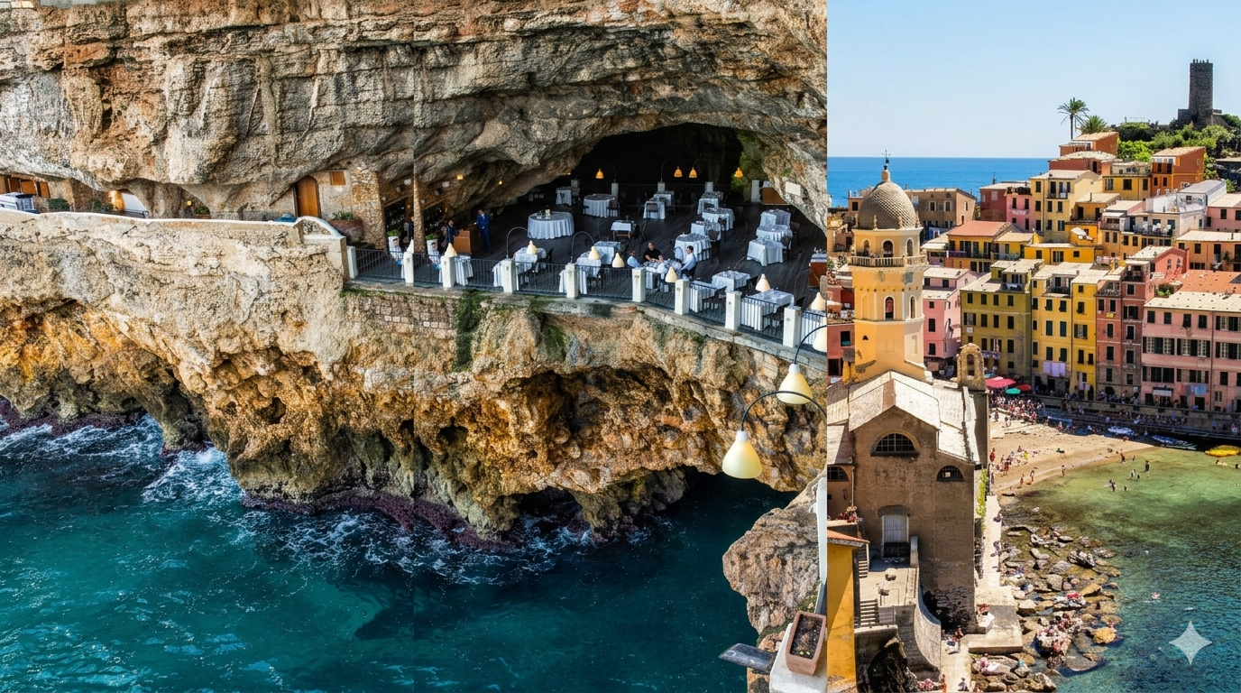 Italian coastal cave restaurant and colorful Mediterranean village