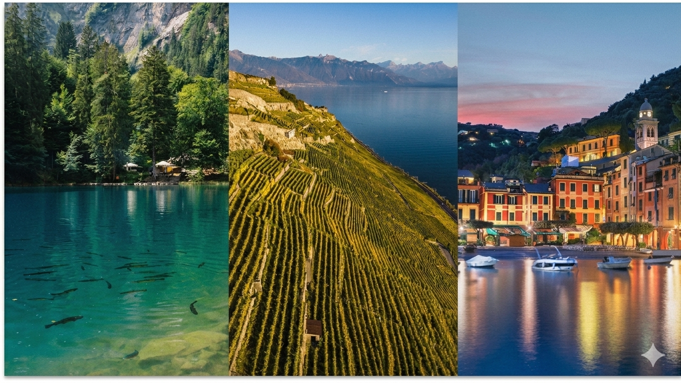 Swiss alpine lake, terraced vineyards and lakeside villages